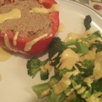Steamed Broccoli with 'Not' Cheese Sauce with a Stuffed Sweet Pepper with Pecan Pate